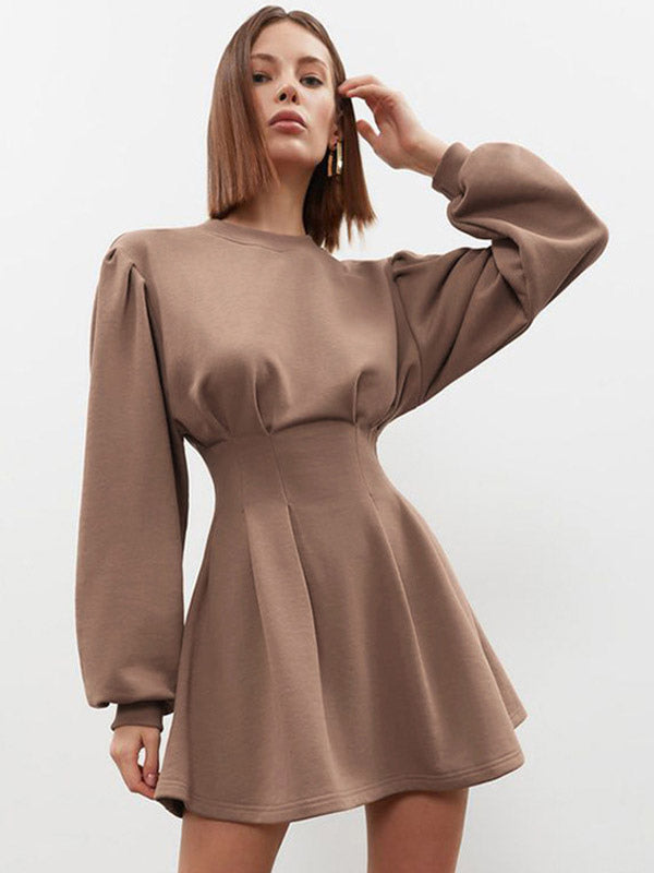 Party Dress Lantern Sleeves High Waist Solid Color A-Line Mini Dresses