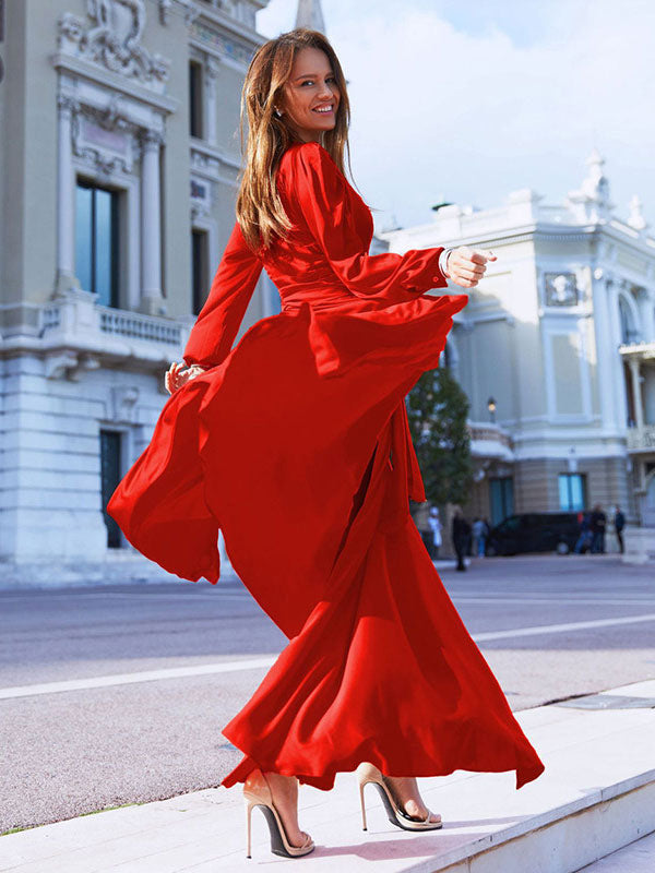 Maxi Dresses V-Neck Long Sleeves Sexy High-slit Floor Length Dress