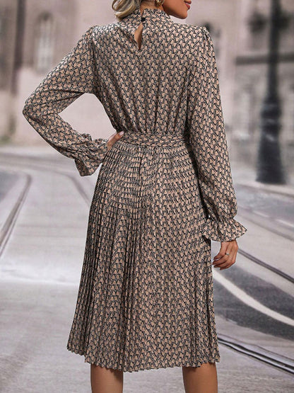 Allover Printed Dress Long Sleeves Ruffles Trim Day Midi Dresses