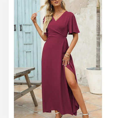 Solid Color V-Neck Slit Maxi Dress for Effortless Style