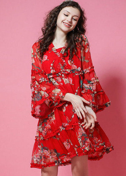 French Red Ruffled Print Chiffon Maxi Dress Bracelet Sleeve