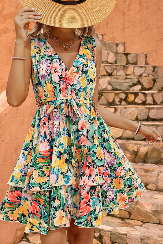 Floral V-Neck Lace Up Layered Hem Sleeveless Mini Dress