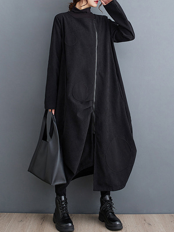 Long Sleeves Loose Asymmetric Pleated Polka-Dot Split-Joint Zipper High-neck Midi Dresses Outerwear