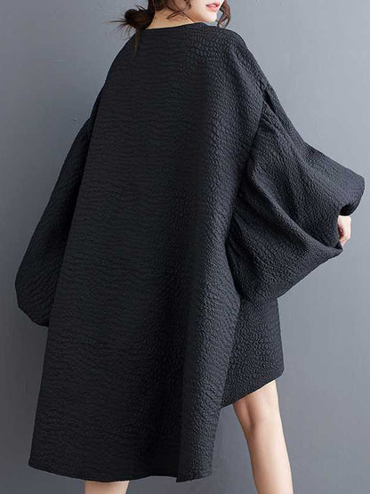 High-Low Long Sleeves Elasticity Solid Color Split-Joint Round-Neck Midi Dresses