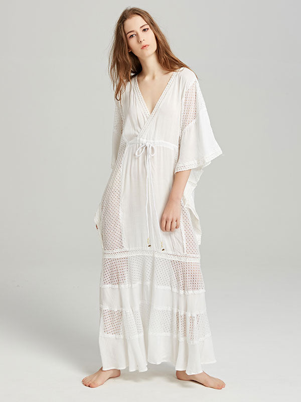 Boho Dress Deep V-Neck White 3/4 Length Sleeves Bohemian Gypsy Beach Vacation Spring Summer Maxi Dress For Women