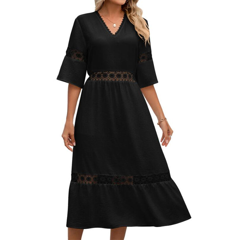 Solid Color V-Neck Hollow Lace Maxi Dress for Women