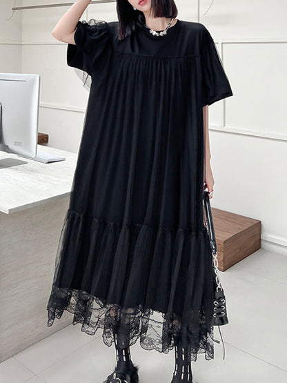 Fake Two-Piece Loose Gauze Pleated Solid Color Split-Joint Tiered Round-Neck Midi Dresses