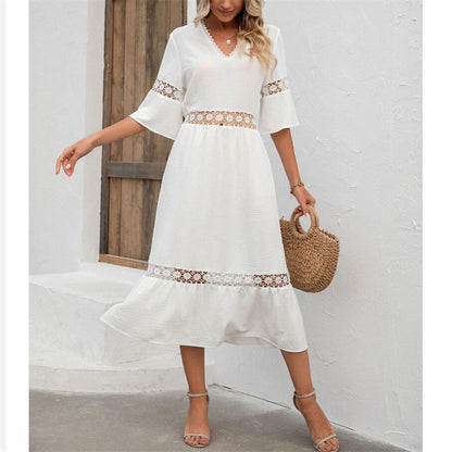 Solid Color V-Neck Hollow Lace Maxi Dress for Women