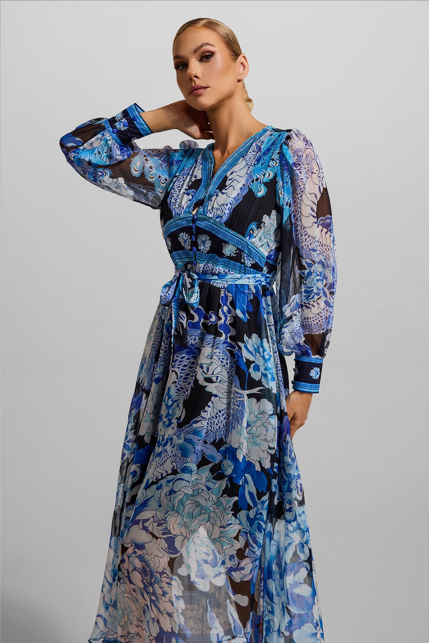Dragon Print V-Neck Lantern Sleeve Midi Dress Dark Blue
