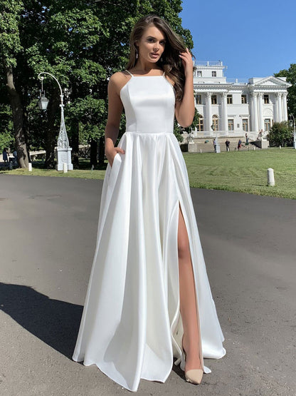 Maxi Dresses Straps Neck Sleeveless White High Split   Floor Length Dress