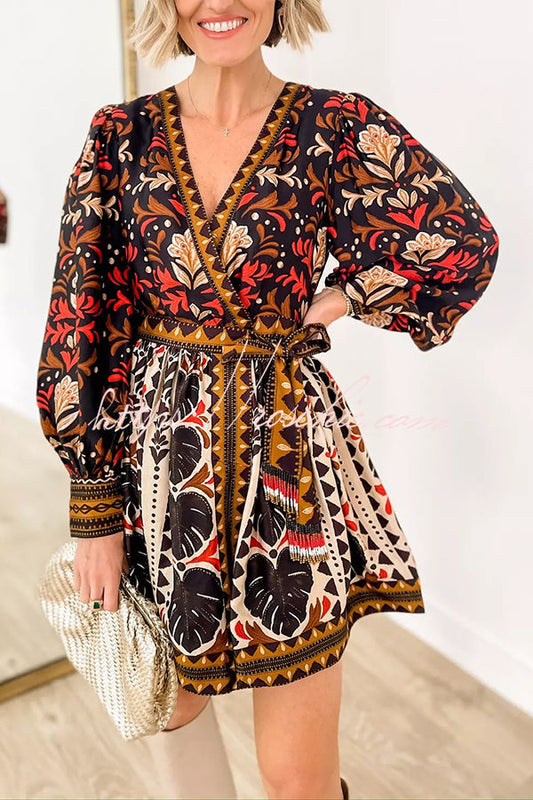 Fashion-forward Exotic Floral Print Lantern Sleeve Belted Mini Dress