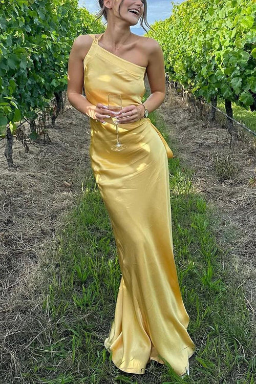 One Shoulder Open Back Tie Knot Satin Maxi Dress