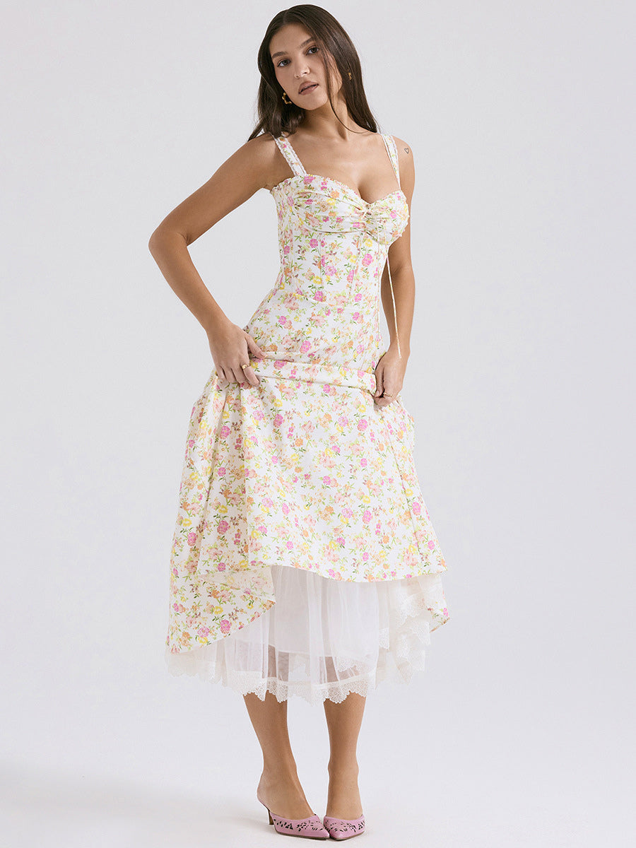 Corset Dress Floral Wide Strap Backless Trendy Brunch Party Midi Dresses