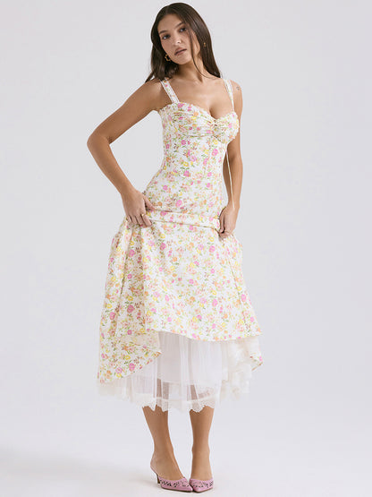 Corset Dress Floral Wide Strap Backless Trendy Brunch Party Midi Dresses
