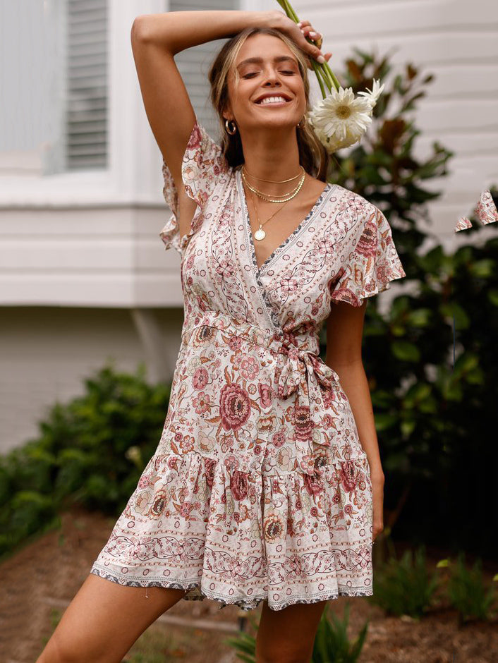 Floral Summer Dresses V Neck Short Sleeve Shaping Mini Dress