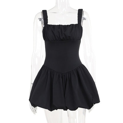 TARUXY Satin Suspender Mini Dress For Women Ball Gown Splice Sexy Sleeveless Ruched Solid Summer New Princess Party Dress Female