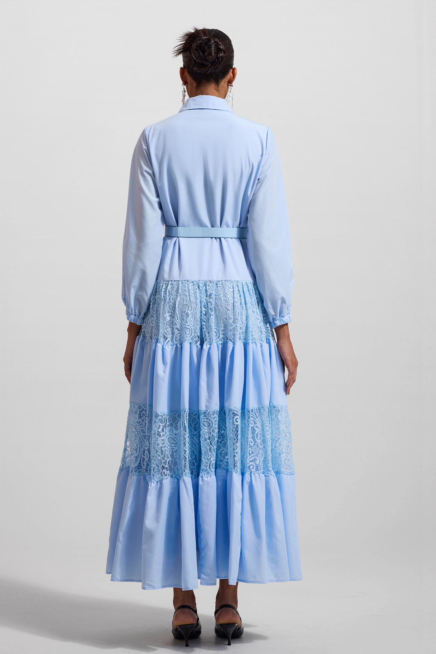 Solid Lace Embroidered Rhinestone Lantern Sleeve Midi Dress