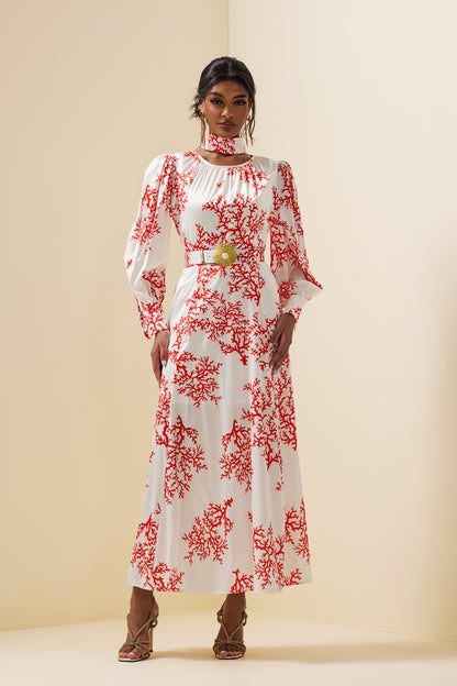 Botanical Print Lantern Sleeve Midi Dress With Belt