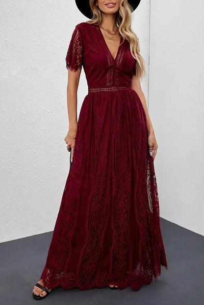 fiery red lace maxi dress