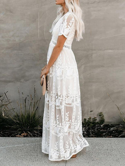 White Long Dress Lace Sexy V Neck Short Sleeves Boho Maxi Dresses