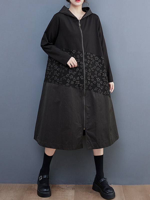 Casual Loose Long Sleeves Velvet Floral Printed Zipper Hooded Outerwear