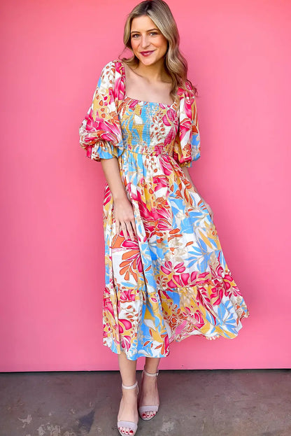 tropical print smocked maxi dress