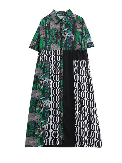 Short Sleeves Loose Printed Split-Joint Lapel Midi Dresses Shirt Dress