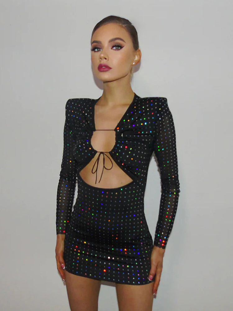 Tossy Sequined Hollow Strap Slim Mini Dress Women Sexy Long Sleeve Hip Wrap Patchwork Black Party Evening Dress Female Summer