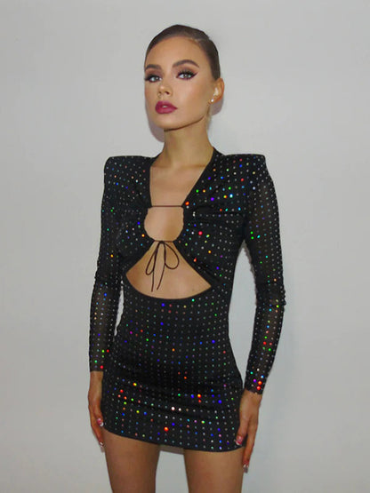 Tossy Sequined Hollow Strap Slim Mini Dress Women Sexy Long Sleeve Hip Wrap Patchwork Black Party Evening Dress Female Summer