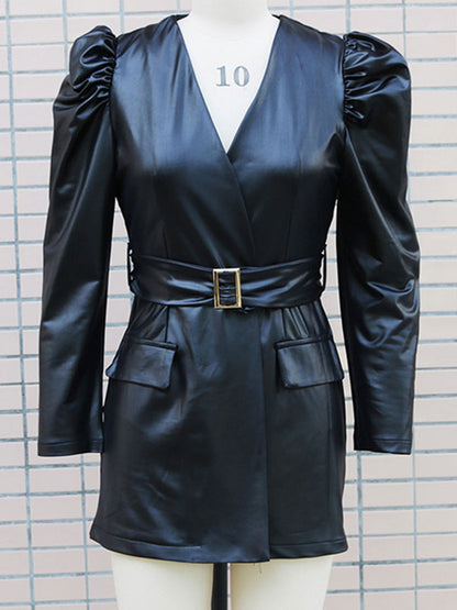 Mini Dresses Burgundy Long Sleeves Sash PU Leather Short Dress