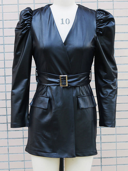 Mini Dresses Burgundy Long Sleeves Sash PU Leather Short Dress