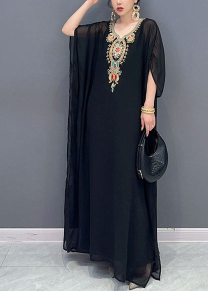 Bohemian Black V Neck Embroidered Patchwork Tulle Maxi Dresses Long Sleeve