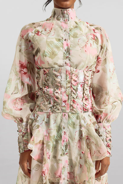 Printed Lantern Sleeve Stand Collar Mesh Midi Dress
