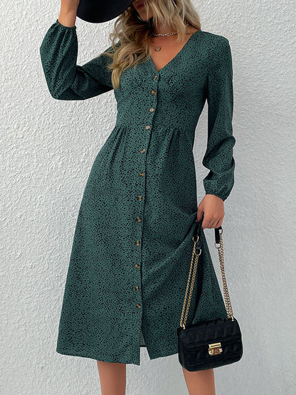 A-Line High Waisted Buttoned Leopard Split-Joint V-Neck Midi Dresses