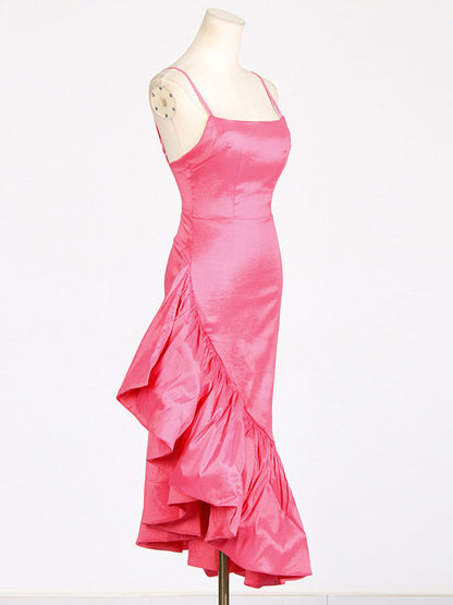 Asymmetrical Dress Spaghetti Strap Ruffles Backless Elegant Party Midi Dresses