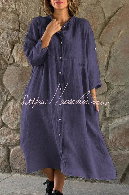 Mindful Cotton Blend Solid Color Button Casual Midi Dress