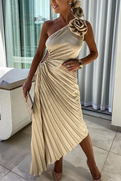 3D Rose One Shoulder Cut Out Waist Asymmetric Hem Pleated Maxi Dress