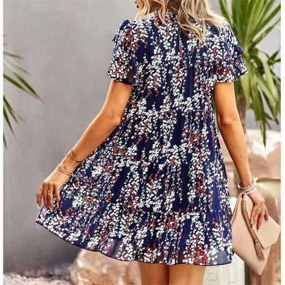 Bohemian Print Mini Dress with Round Neck for Women
