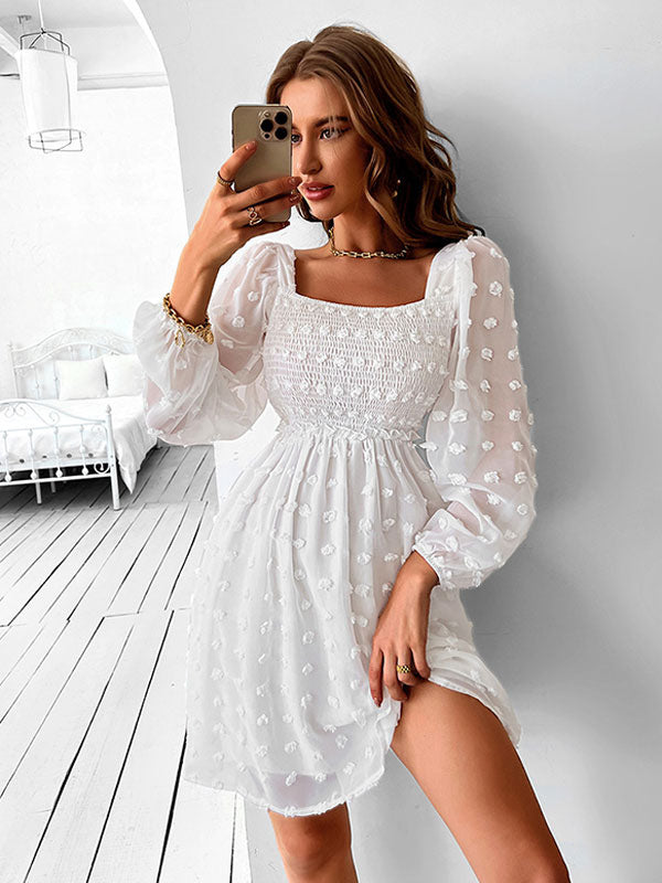 Mini Dresses White Long Sleeves Pleated Short Dress