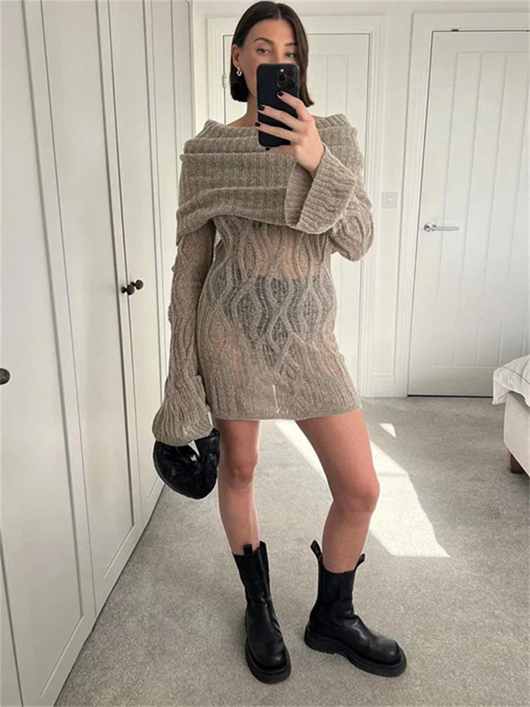 Tossy Knitwear Sweater Mini Dress See-Through For Women High Waist Long Sleeve Fashion Loose Knit Dress Slim Elegant Dress 2024