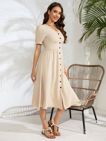 A-Line Dress Short Sleeves Buttons V-Neck Summer Casual Midi Dresses