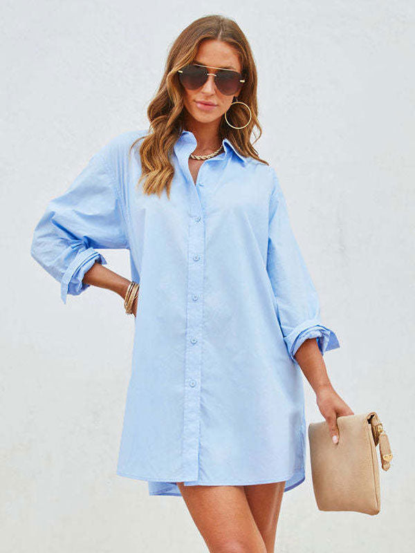 Shirt Dresses Turndown Collar Long Sleeves Mini Dresses