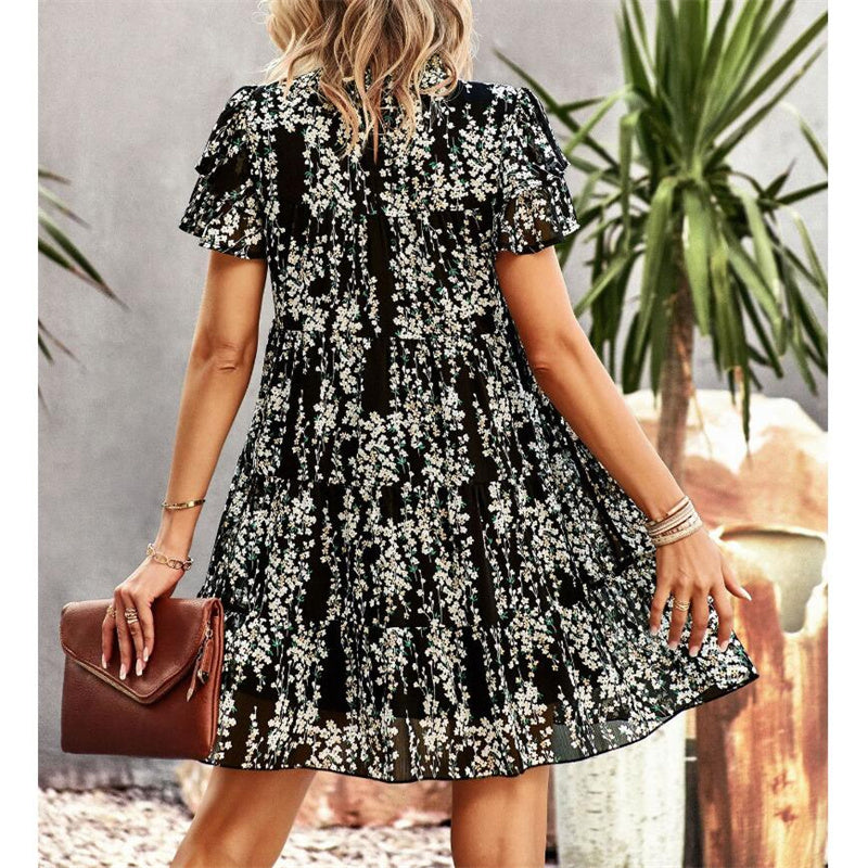 Bohemian Print Mini Dress with Round Neck for Women