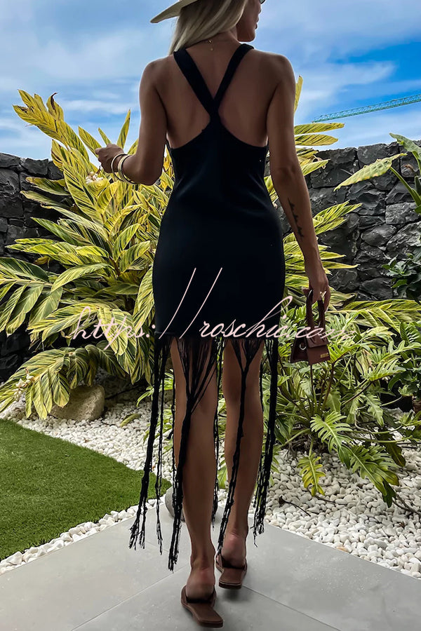 Summer Mood Knit Fringed Hem Back Cross Beach Vacation Maxi Dress