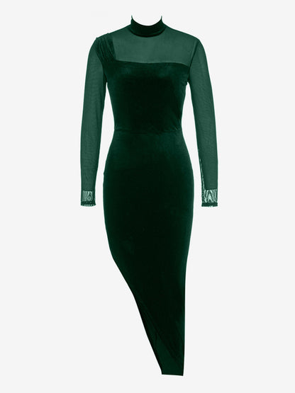 Velvet Dress Dark Green Split Front Stand Collar Long Sleeves Summer Sexy Backless Midi Dress