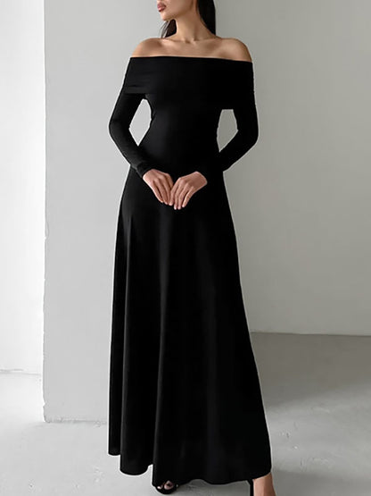 High Waisted Long Sleeves Solid Color Off-The-Shoulder Maxi Dresses