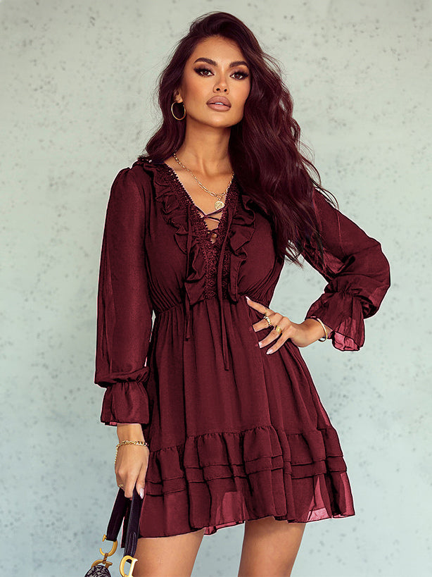 Shirt Dresses Black V-Neck Lace Long Sleeves Polyester Dresses Mini Dresses