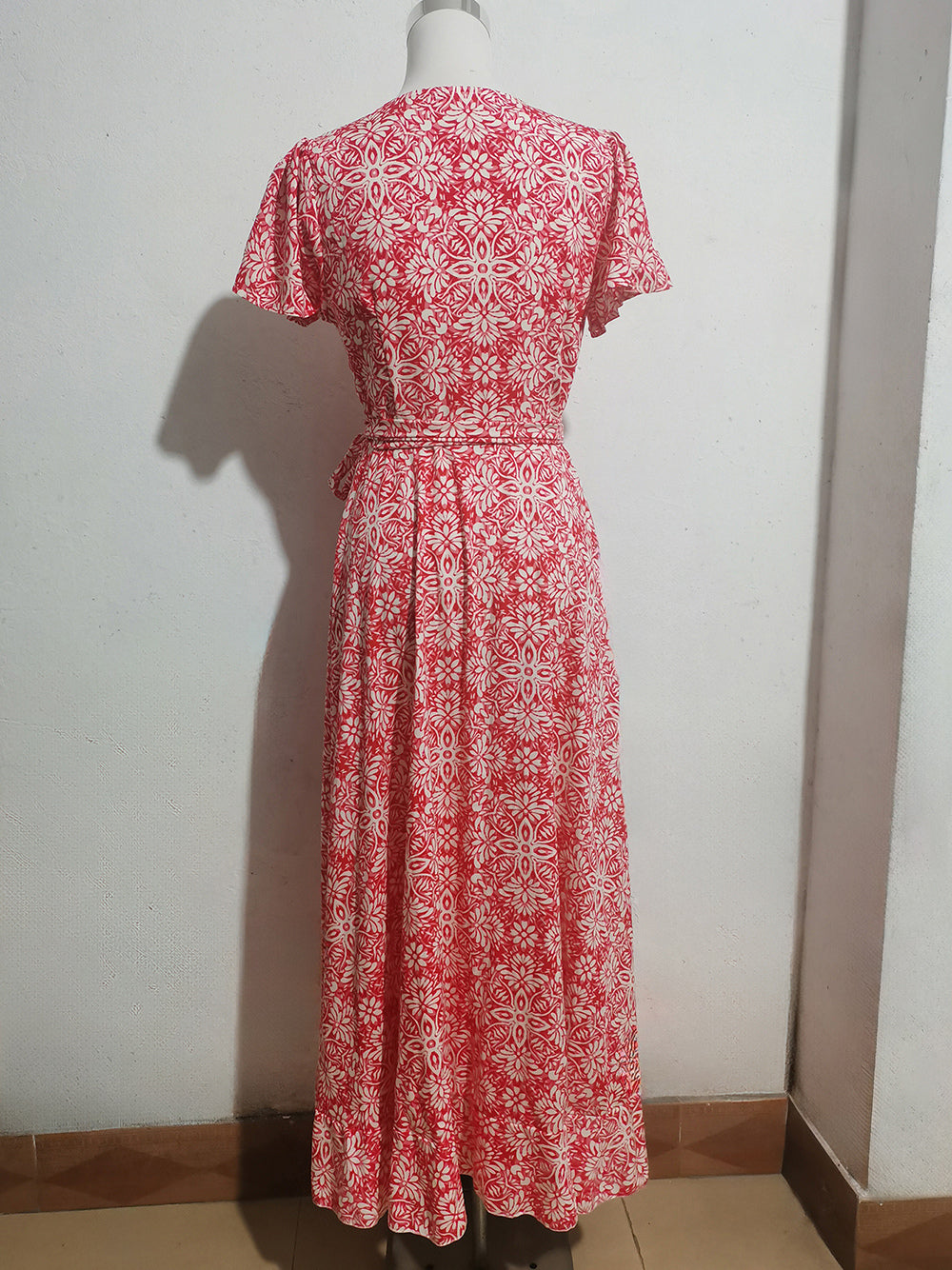 Wrap Dress Irregular Printed V-Neck Short Sleeves Belted Casual Summer Midi Dresses