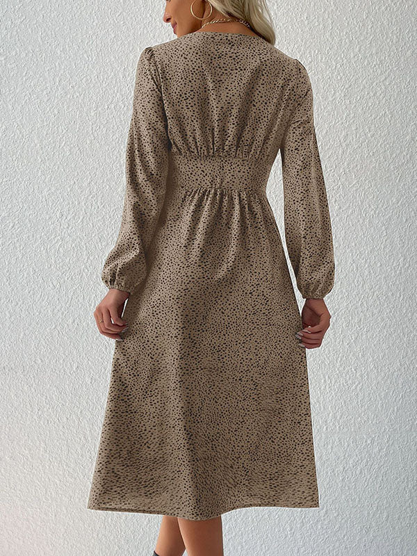 A-Line High Waisted Buttoned Leopard Split-Joint V-Neck Midi Dresses