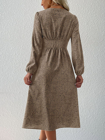 A-Line High Waisted Buttoned Leopard Split-Joint V-Neck Midi Dresses